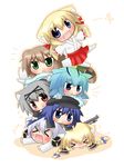  &gt;_&lt; :d animal_ears blonde_hair blue_eyes blue_hair blush braid brown_eyes brown_hair cat_ears chibi closed_eyes fang green_eyes grey_hair gun hair_ribbon hairband hat highres japanese_clothes koyomi_(shinshia) multiple_girls open_mouth original outstretched_arms raccoon_ears raccoon_tail ribbon rifle shinshia shirt silver_hair skirt smile tail tongue tongue_out tower twin_braids twintails weapon 