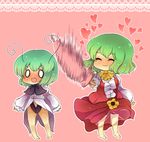  barefoot blush cape chibi closed_umbrella flower green_hair heart hitting kazami_yuuka motion_blur multiple_girls no_pants short_hair smile sunflower taiyouno_hatake touhou umbrella wriggle_nightbug 