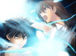  1girl :d battle biribiri black_hair brown_hair duel electricity kamijou_touma matsuki_akira misaka_mikoto open_mouth short_hair smile spiked_hair to_aru_kagaku_no_railgun to_aru_majutsu_no_index 