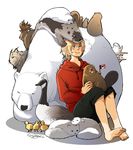  animal arctic_fox axis_powers_hetalia barefoot bear beaver beluga_whale bird blonde_hair blue_eyes canada_(hetalia) canadian_flag feet glasses goose lynx_(animal) male_focus md5_mismatch moose polar_bear seal sherry_lai signature solo squirrel 