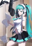  absurdres aqua_eyes aqua_hair bad_id bad_pixiv_id bass_clef beamed_eighth_notes hatsune_miku headphones highres long_hair microphone musical_note navel necktie neet_(gkmk79) pop_filter quarter_note sharp_sign sheet_music skirt solo studio_microphone time_signature treble_clef twintails very_long_hair vocaloid whole_rest 