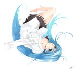  bad_id bad_pixiv_id bare_shoulders barefoot blue_eyes blue_hair denpa_onna_to_seishun_otoko dress_shirt long_hair looking_back miniskirt nobusnow oversized_clothes oversized_shirt pleated_skirt shirt signature skirt sleeves_past_wrists solo touwa_erio upside-down very_long_hair 