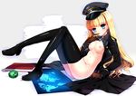  black_legwear blonde_hair blue_eyes blush book bottomless breasts daiteikoku duplicate gloves hat long_hair mafuyu medium_breasts navel no_bra retia_adolf sitting solo thighhighs uniform 