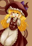  :d adjusting_eyewear apron bad_id bad_pixiv_id bangs bespectacled blonde_hair buttons glasses hammer_(sunset_beach) hat highres kirisame_marisa long_hair long_sleeves open_mouth simple_background smile solo touhou waist_apron witch_hat yellow_eyes 