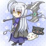  ahoge animal_ears armor axe bad_id bad_pixiv_id blush cat cat_ears cat_tail cathead chibi dog_days fang kuma_(happylocation) leonmitchelli_galette_des_rois long_hair silver_hair solo tail weapon yellow_eyes 