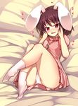  animal_ears black_hair blush bunny_ears carrot carrot_necklace hands_on_own_cheeks hands_on_own_face highres inaba_tewi ippongui jewelry lying necklace on_back open_mouth panties pendant pink_legwear pink_panties pink_skirt red_eyes short_hair skirt socks solo touhou underwear upskirt 