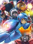  arm_cannon blue_eyes bodysuit bomb bombman clenched_hand cutman elecman fire fireman gutsman helmet iceman jaimito light_rays looking_at_viewer multiple_boys robot rockman rockman_(character) weapon 