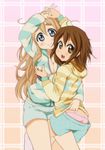  bad_id bad_pixiv_id blonde_hair blue_eyes breast_grab breasts brown_eyes brown_hair casual cleavage grabbing highres hirasawa_yui hizumi_(hum) k-on! kotobuki_tsumugi looking_at_viewer loungewear medium_breasts messy_hair multiple_girls panties short_hair shorts striped striped_sweater sweater underwear yuri 