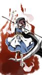  bad_id bad_pixiv_id bandages bare_legs clenched_teeth cloak coin dress frills ghost hair_bobbles hair_ornament hands highres onozuka_komachi pink_hair red_eyes scythe side_ponytail solo teeth tepes touhou 