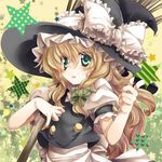  bad_id bad_pixiv_id blonde_hair blush bow broom buttons colorized face frills gotou_nao green_eyes hands hat hat_bow highres kirisame_marisa long_hair smile solo star tepes touhou white_bow 