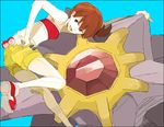  ass badge blue_eyes cascade_badge gen_1_pokemon gym_leader_badge kasumi_(pokemon) looking_back midriff poke_ball pokemon pokemon_(creature) pokemon_(game) pokemon_rgby red_hair shorts side_ponytail smile starmie strapless tsu_da tubetop waist_poke_ball 