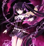  black_hair bow cape electricity hair_ribbon leg_garter long_hair magic purple_eyes ribbon sakura_(wizard's_brain) serious skirt solo sumi_keiichi twintails wizard's_brain 