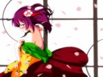  bare_shoulders blush flower hair_flower hair_ornament hieda_no_akyuu japanese_clothes nonbiri_jirou off_shoulder petals purple_eyes purple_hair short_hair solo touhou undressing 