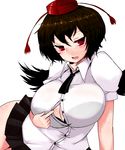  black_hair blush breasts han_(jackpot) huge_breasts looking_at_viewer open_mouth paizuri_invitation red_eyes shameimaru_aya smile solo touhou wings 