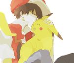  baseball_cap black_hair closed_eyes denim forehead_kiss gen_1_pokemon grin hat jeans kiss male_focus pants pikachu pixiv_red pokemon pokemon_(creature) pokemon_(game) red_(pokemon) red_(pokemon_rgby) simple_background smile tsu_da 