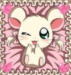  bijou blush bow chibi cute female feral green_eyes hair_tuft hamster hamtaro_(series) hindpaw jun_cross10 low_res lying mammal on_back one_eye_closed open_mouth paws ponytail rodent solo wink 