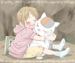  animal animal_hug bad_id bad_pixiv_id blonde_hair cat child closed_eyes male_focus matumoto_mouse natsume_takashi natsume_yuujinchou nyanko solo tears younger 