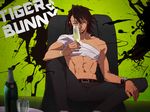  alcohol bandages brown_eyes brown_hair chair cup drinking_glass easy_chair facial_hair hanehito kaburagi_t_kotetsu male_focus shirtless sitting solo stubble tiger_&amp;_bunny watch wine_glass wristwatch 