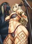  abs amazon_(dragon's_crown) armlet armor bikini bikini_armor blonde_hair breasts circlet dragon's_crown feathers halberd highres large_breasts long_hair muscle muscular_female polearm solo swimsuit tattoo thick_thighs thighs tiger uppercut usatarou weapon 