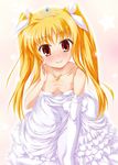  bad_id bad_pixiv_id blonde_hair blush bow breasts cleavage downblouse dress eccentriky elbow_gloves fate_testarossa gloves hair_bow long_hair lyrical_nanoha mahou_shoujo_lyrical_nanoha red_eyes small_breasts solo tiara twintails wedding_dress 