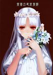  1girl absurdres albino alphonse_(white_datura) bangs bouquet bust dress el elysion flower head_wreath highres light_smile long_hair parted_bangs puffy_sleeves red_eyes scan simple_background solo sound_horizon translation_request upper_body white_dress white_hair 