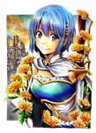  blue_hair cape city colored_pencil_(medium) dandelion flower graphite_(medium) hair_ornament hairclip highres looking_at_viewer magical_girl mahou_shoujo_madoka_magica miki_sayaka nobita short_hair smile solo sword traditional_media weapon 