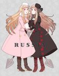  :d axis_powers_hetalia blonde_hair blush boots coat cross-laced_footwear dark_persona dress dual_persona flower fur_hat fur_trim genderswap genderswap_(mtf) gloves grin hat highres holding_hands lace-up_boots long_hair multiple_girls open_mouth purple_eyes red_eyes russia_(hetalia) shovel smile symmetrical_hand_pose waniwani 