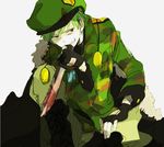  bad_id bad_pixiv_id beret blood dog_tags fingerless_gloves flippy gloves green_hair grin happy_tree_friends hat holding holding_knife holding_weapon knife male_focus military military_uniform naughty_face personification smile solo tsu_da uniform weapon 