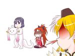  :3 akemi_homura chibi cup drill_hair kisaragi_ryou_(sougetsu-tei) kyubey long_hair magical_girl mahou_shoujo_madoka_magica multiple_girls ponytail red_hair sakura_kyouko spit_take spitting spoilers teacup thighhighs tomoe_mami 