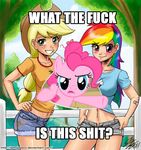  angry applejack_(mlp) blonde_hair displeased english_text equine female freckles friendship_is_magic hair horse human humanized my_little_pony pink pink_hair pinkie_pie_(mlp) pony rainbow_dash_(mlp) rainbow_hair skimpy smile unbuttoned well? 