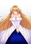  archetype_earth arcueid_brunestud bare_shoulders blonde_hair breasts cleavage collarbone detached_sleeves dress hands_together highres jeong_weon long_hair medium_breasts one_eye_closed own_hands_together red_eyes simple_background solo strapless strapless_dress tsukihime 