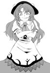  ascot bad_id bad_pixiv_id crossed_arms dress food food_themed_clothes fruit fuantei greyscale grin hat hinanawi_tenshi long_hair monochrome peach smile solo touhou 