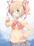  blonde_hair bow cracker food green_eyes hand_on_hip kamikita_komari level.21 little_busters! mouth_hold pink_bow school_uniform short_hair solo twintails 