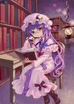  ama-tou arm_support bespectacled book bookshelf boots capelet chair crescent cross-laced_footwear curly_hair dress glasses hand_in_hair hat lace-up_boots lamp lantern library long_hair open_book patchouli_knowledge pink_dress purple_eyes purple_hair reading sitting solo table touhou voile 