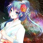  aerial_fireworks aqua_eyes aqua_hair blush dribble fireworks flower hair_flower hair_ornament hatsune_miku japanese_clothes kimono long_hair side_ponytail solo vocaloid 