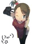  :p breasts brown_eyes brown_hair china_dress chinese_clothes dress elbow_gloves foreshortening futami_ami gloves idolmaster idolmaster_(classic) maitake_(loose) medium_breasts one_eye_closed side_ponytail smile solo thighhighs tongue tongue_out v 