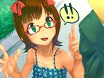  1girl amami_haruka bare_shoulders bespectacled bow breasts brown_hair cleavage glasses green_eyes hair_bow idolmaster idolmaster_(classic) maitake_(loose) medium_breasts open_mouth p-head_producer producer_(idolmaster) short_hair smile solo_focus 