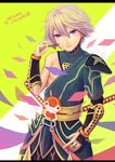  armor bad_id bad_pixiv_id bare_shoulders blonde_hair katana letterboxed male_focus origami origami_cyclone purple_eyes shuriken solo superhero sword tiger_&amp;_bunny tyun weapon 