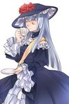  blue_hair choker closed_eyes cup dress flower hat hime_cut long_hair rose sash solo teacup umineko_no_naku_koro_ni virgilia wanko_(takohati8) 