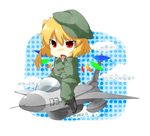  aircraft airplane bad_id bad_pixiv_id blonde_hair chibi eiri_(eirri) f-16_fighting_falcon fang fighter_jet flandre_scarlet hat jet military military_vehicle open_mouth red_eyes side_ponytail solo touhou wings 