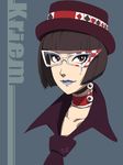  black_eyes black_hair bob_cut bowler_hat earrings eyelashes face facial_mark glasses hat jewelry kriem lipstick makeup necktie short_hair solo tattoo tiger_&amp;_bunny toshi_punk upper_body 