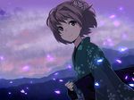  brown_hair flower hair_flower hair_ornament japanese_clothes kimono paper_man petals pu-chin purple_eyes short_hair sky smile solo 