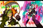  aqua_hair bad_id bad_pixiv_id blue_eyes blue_hair bokura_no_16bit_warz_(vocaloid) bullet camouflage detached_sleeves fumiko_(throughx2) gatling_gun glasses green_hair gumi gun hatsune_miku headphones heterochromia koi_wa_sensou_(vocaloid) letterboxed long_hair megaphone multiple_girls nail_polish red_eyes songover thighhighs twintails very_long_hair vocaloid weapon zettai_ryouiki 