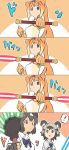  3girls 4koma african_wild_dog_(kemono_friends) african_wild_dog_print animal_ears bear_ears bear_paw_hammer black_eyes black_hair bow bowtie brown_bear_(kemono_friends) circlet closed_mouth comic commentary_request dog_ears energy_sword expressionless globes golden_snub-nosed_monkey_(kemono_friends) grey_hair highres holding holding_weapon hong_hongcha kemono_friends lightsaber long_hair medium_hair monkey_ears multicolored_hair multiple_girls open_mouth orange_hair parody shirt silent_comic sound_effects star_wars surprised sword two-tone_hair weapon 