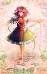  bandages barefoot bun_cover double_bun flower full_body highres ibaraki_kasen katari outstretched_arm red_eyes red_flower red_hair red_rose rose shirt signature skirt smile solo standing tabard touhou 