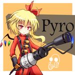  bad_id bad_pixiv_id blonde_hair cosplay dress explosive flamethrower flandre_scarlet gas_mask gloves grenade hair_ribbon red_dress red_eyes ribbon side_ponytail solo sumapan team_fortress_2 the_pyro the_pyro_(cosplay) touhou translated weapon wings 