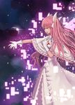  alternate_costume bad_id bad_pixiv_id bow breasts cleavage closed_eyes dress earth gloves hair_bow kaname_madoka linsert long_hair mahou_shoujo_madoka_magica medium_breasts outstretched_hand pink_hair solo space spoilers ultimate_madoka 