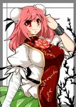  bandages breasts bun_cover chain chinese_clothes cuffs double_bun flower highres ibaraki_kasen large_breasts pink_eyes pink_hair short_hair smile solo tabard tajima_yuuki touhou 