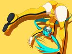  aqua_eyes aqua_hair bad_id bad_pixiv_id boots bruce_lee's_jumpsuit hatsune_miku highres kotomuke_fuurin leotard long_hair orange_footwear simple_background smile solo thigh_boots thighhighs twintails upside-down very_long_hair vocaloid yellow_leotard 