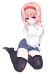  arms_behind_back black_legwear blonde_hair hairband kanon kyokucho orange_hair red_eyes ribbed_sweater short_hair shorts simple_background sitting solo sweater tears thighhighs tsukimiya_ayu white_background yokozuwari 